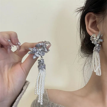 DAIIIBABYYY  -  Korean Design Fashion Silver Color Metal Pearl Tassel Earrings Elegant Long Flower Drop Earings Female